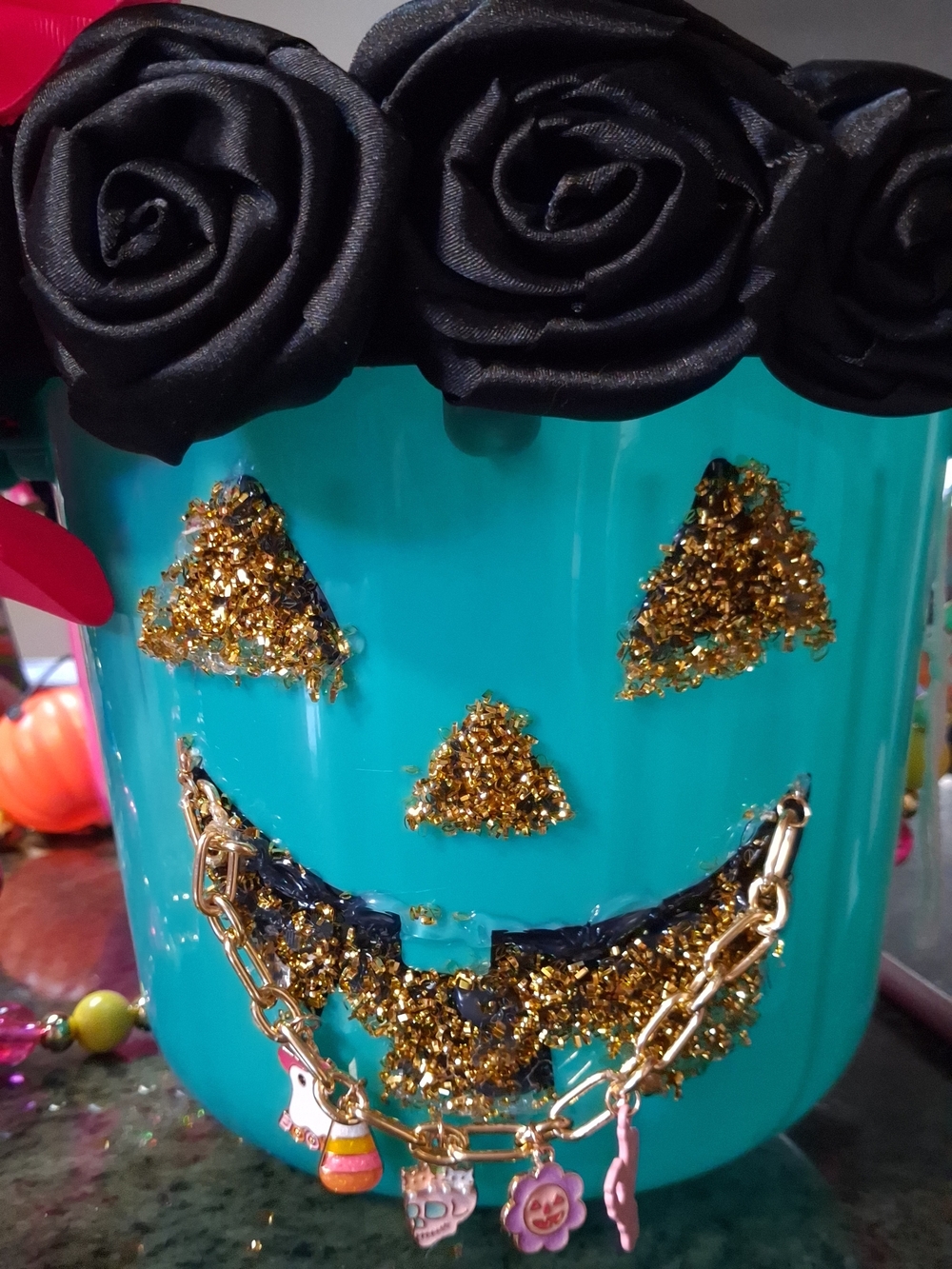 Teal Custom Crossbody Glitter Pumpkin W/ Grillz Treat Bucket with Rosette Trim